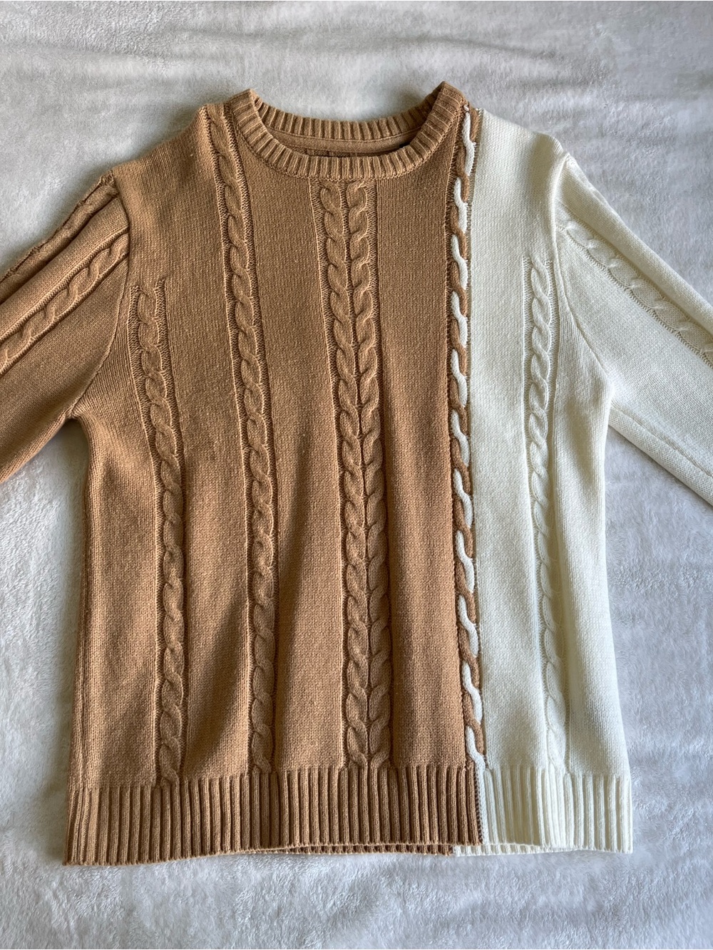 Fashion Nova Men Two-Tone Cable Crewneck Sweater - Beige And White